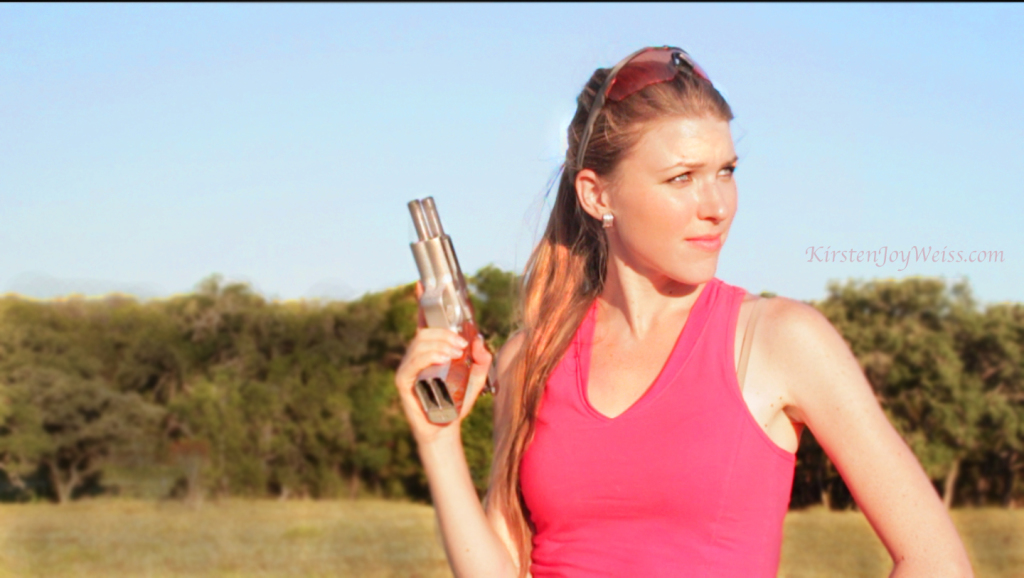 double barrel 1911 holding gun look off words